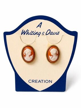 Vintage Whiting & Davis Cameo Stud Earrings Gold Tone Oval Cameo Posts